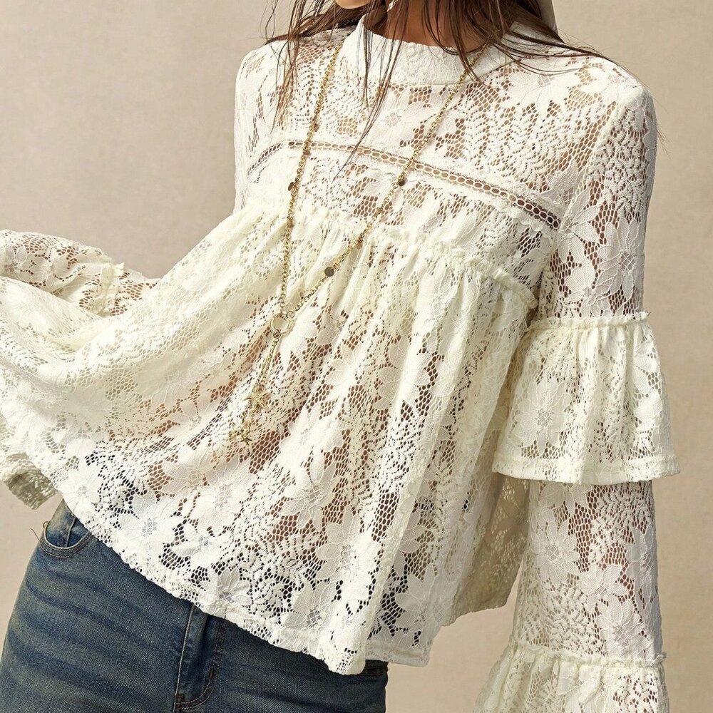 Apricot Elegant Boho Women's Knit Lace Round Neck Flare Sleeve Ruffle Hem Blouse